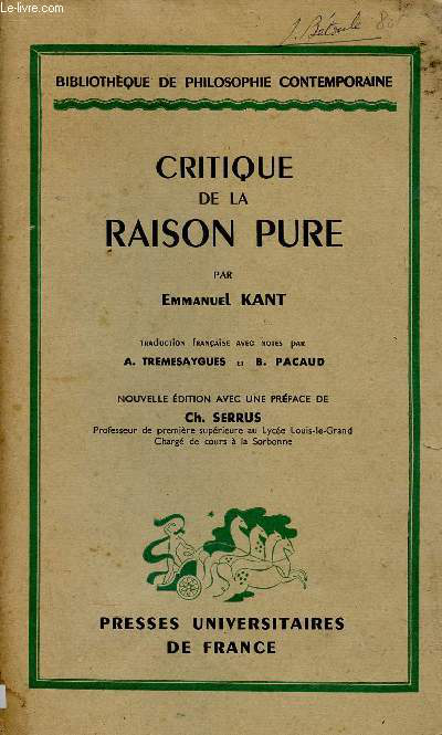 Critique de la raison pure / Emmanuel Kant (1944)