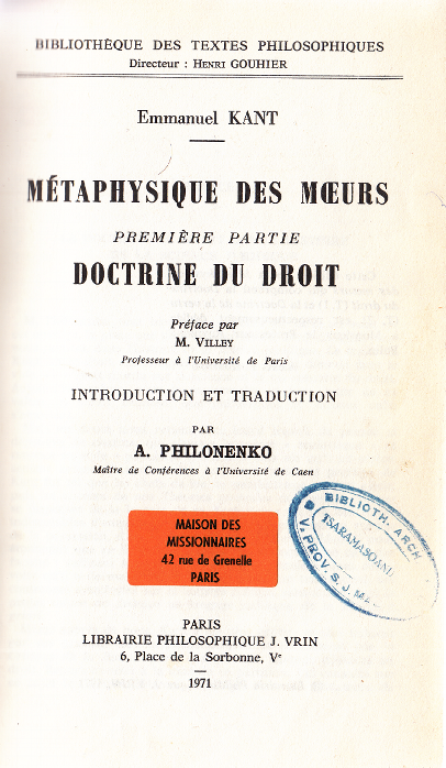 Métaphysique des mœurs - 1ère Partie: Doctrine du droit