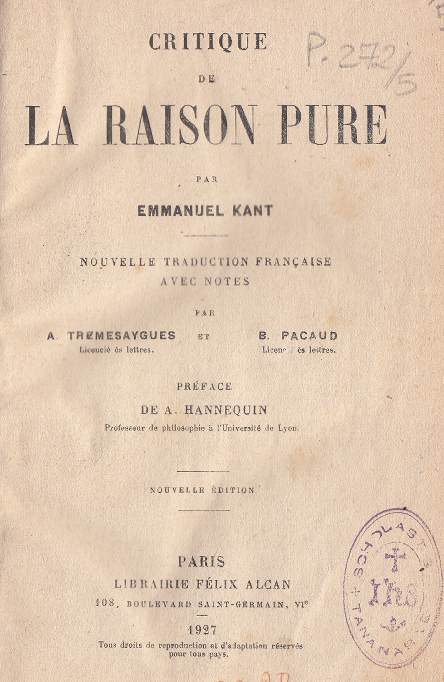 Critique de la raison pure / Emmanuel Kant (1927)