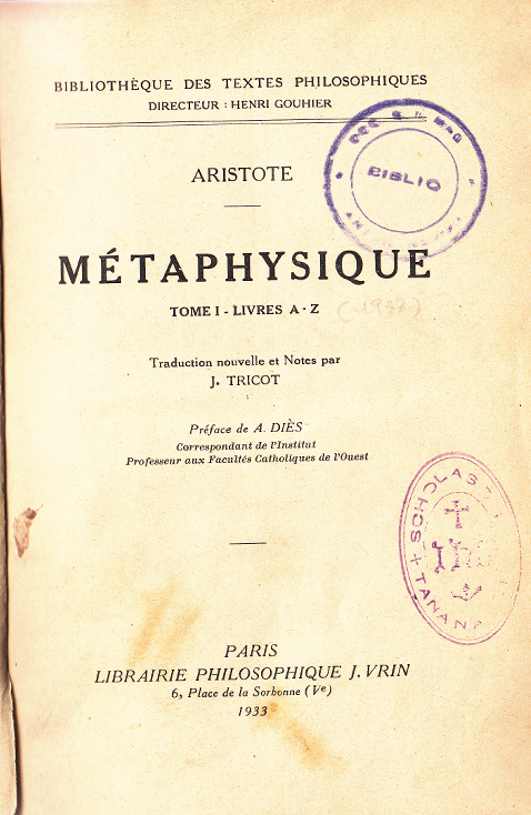 La métaphysique - Tome 1 - Livre A-Z / Aristote (1933)