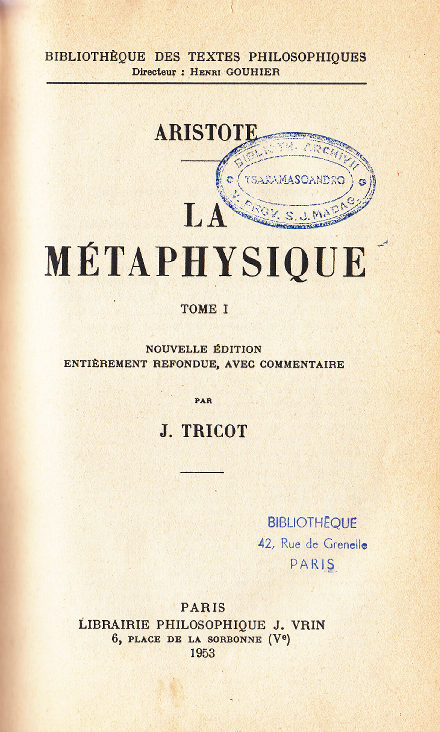 La métaphysique - Tome 1 - Liv. A-Z / Aristote (1953)