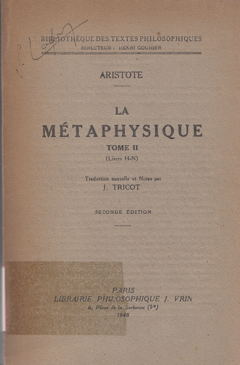 La métaphysique - Tome 2 - Livre H-N (1948) / Aristote